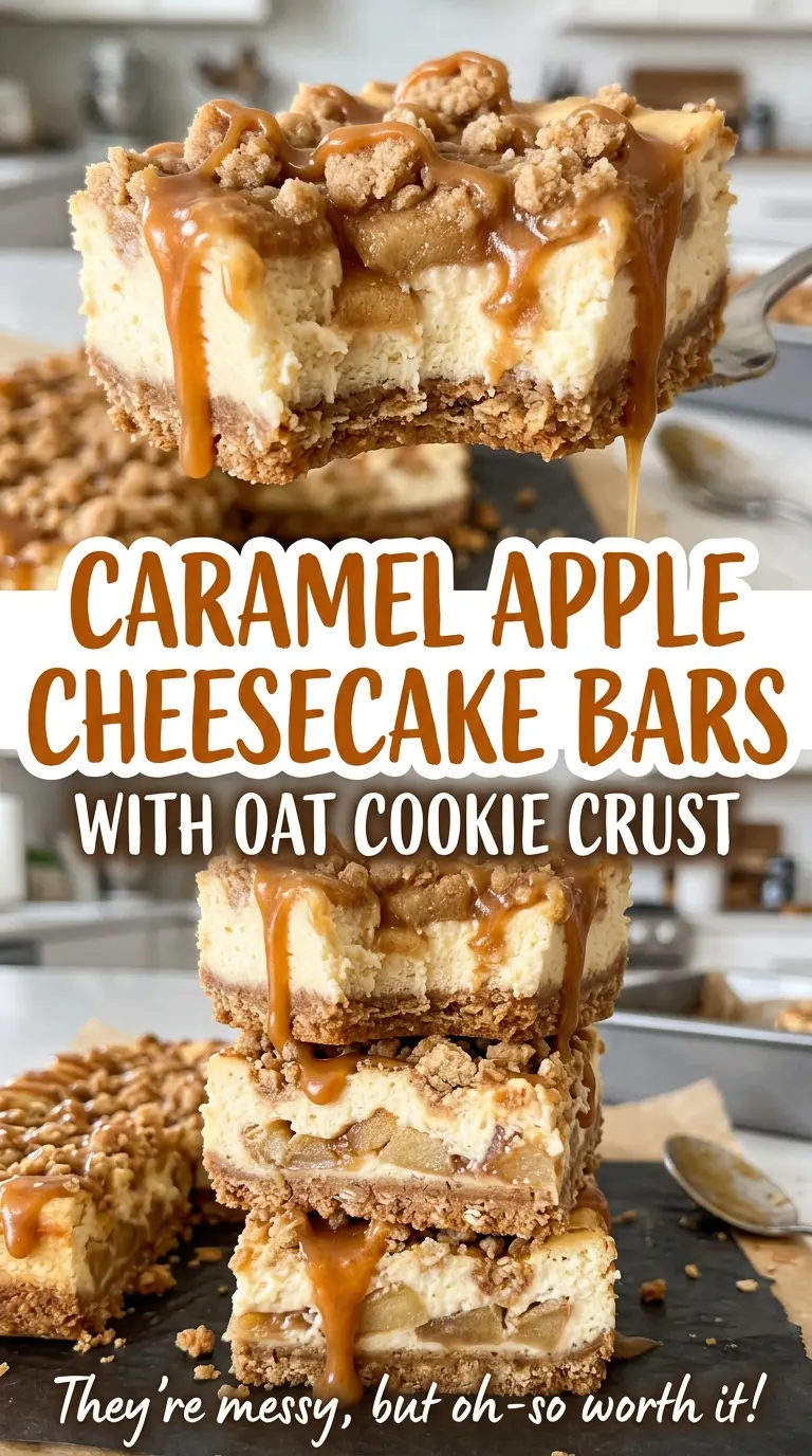 Caramel apple cheesecake bars with tender cinnamon apples