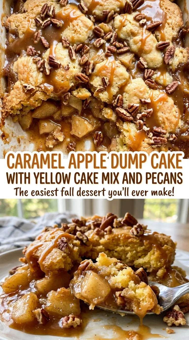 Caramel Apple Dump Cake with Yellow Cake Mix and Pecans with golden buttery topping