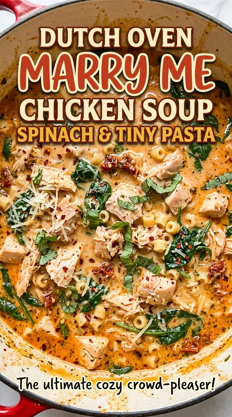 Dutch Oven Marry Me Chicken Soup with Spinach and Tiny Pasta creamy tomato broth