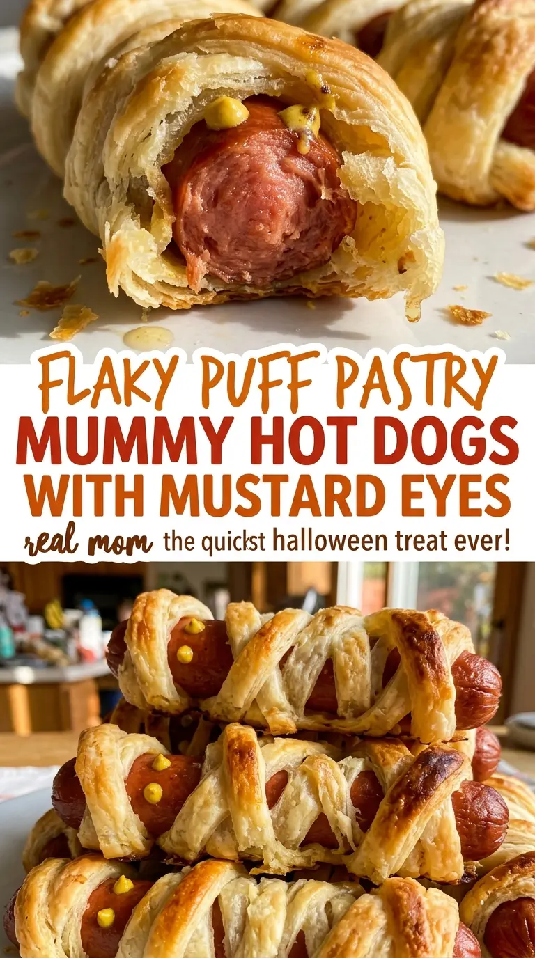 Flaky Puff Pastry Mummy Hot Dogs with Mustard Eyes, crisp golden wraps