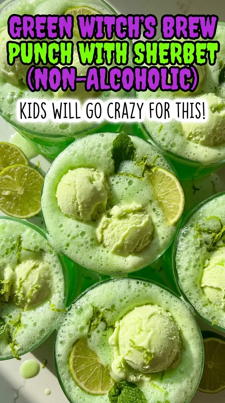 Green Witch's Brew Punch with Sherbet, creamy lime foam