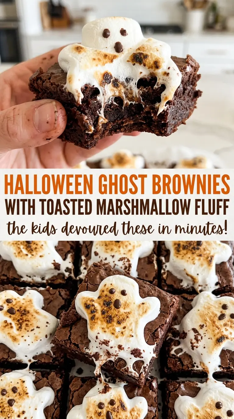 Halloween ghost brownies with toasted marshmallow fluff, piped ghosts and chocolate-chip eyes
