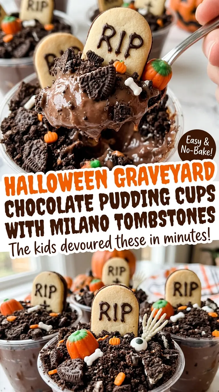 Halloween graveyard chocolate pudding cups with creamy layers and cookie soil