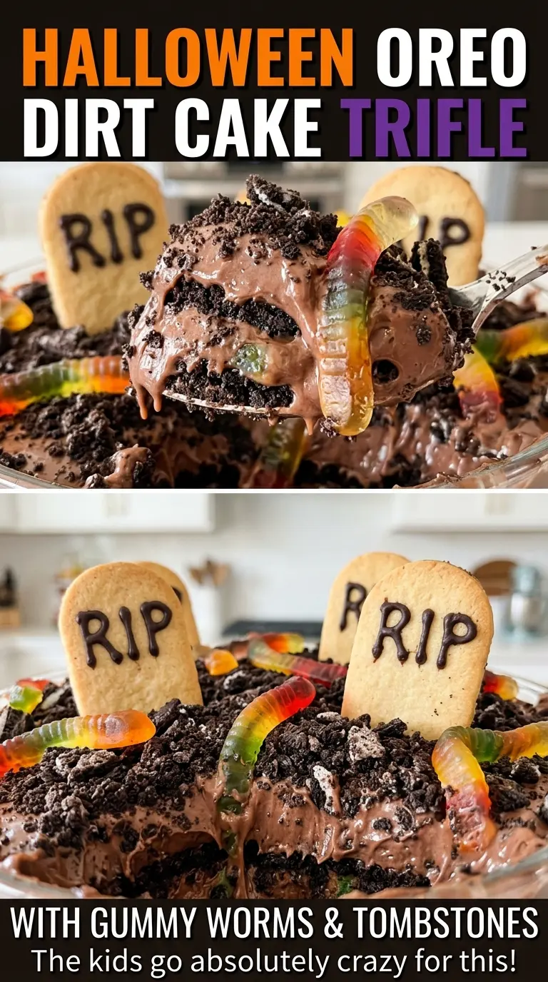 Halloween Oreo dirt cake trifle with gummy worms and tombstones, festive graveyard layers