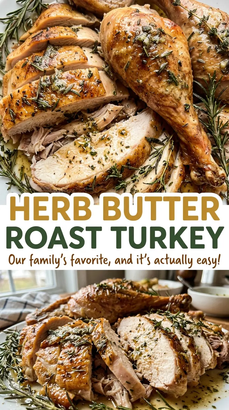 Herb Butter Roast Turkey carved, golden slices