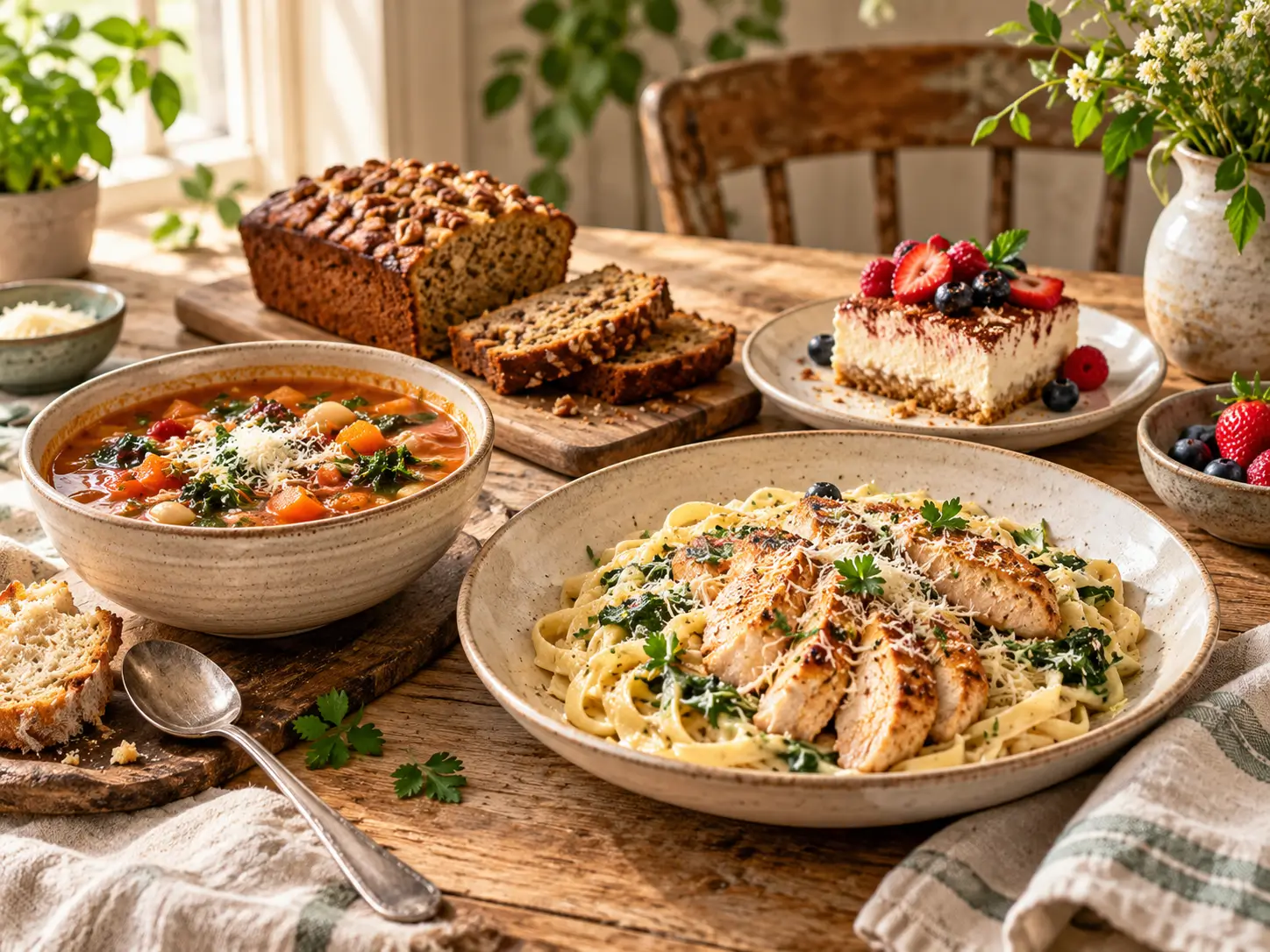 Homemade chicken pasta, vegetable soup, bread and berry dessert on a welcoming kitchen table