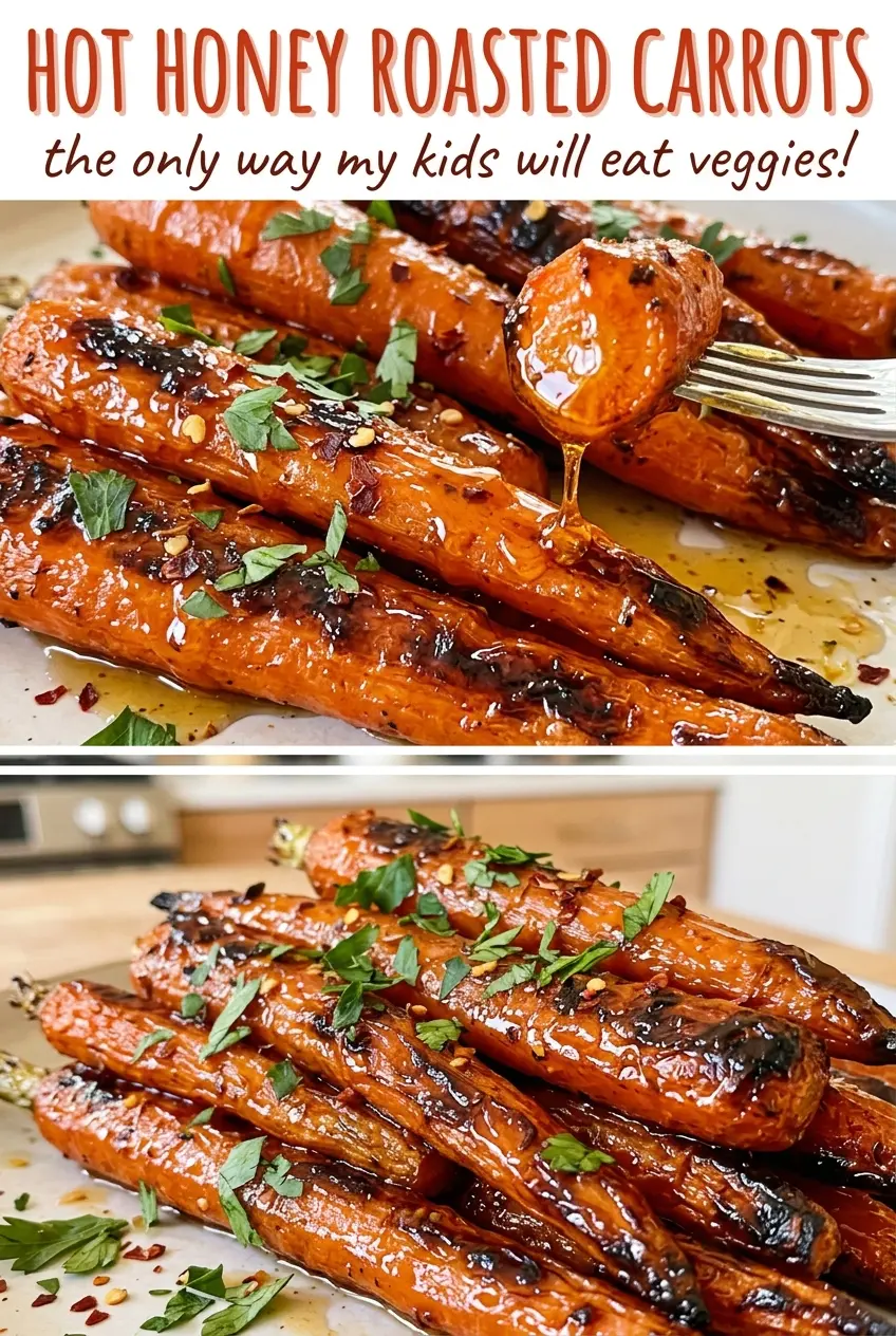 Hot Honey Roasted Carrots, glossy browned edges