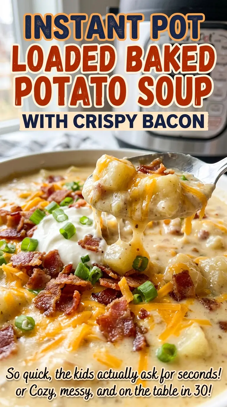 Instant Pot loaded baked potato soup, cheesy and bacon-topped