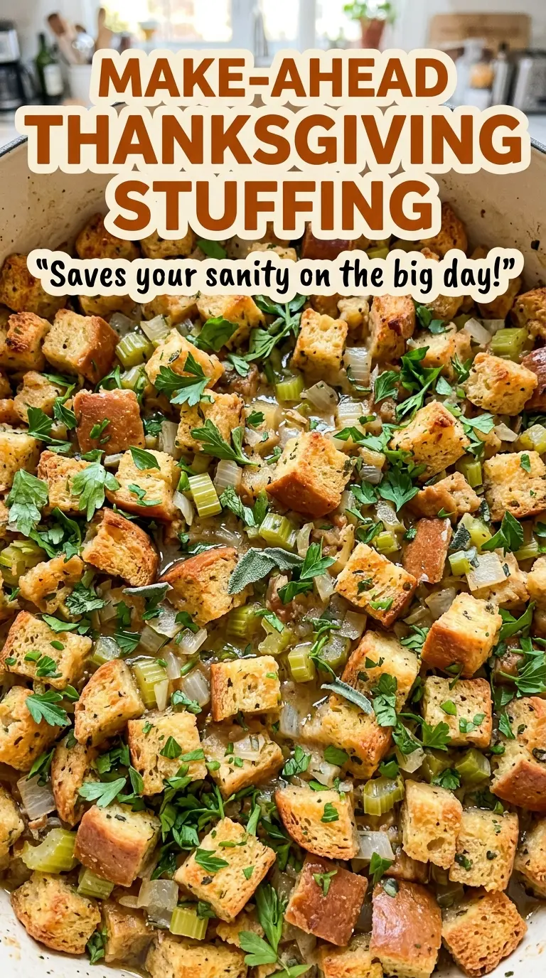 Make-Ahead Thanksgiving Stuffing golden crisp top
