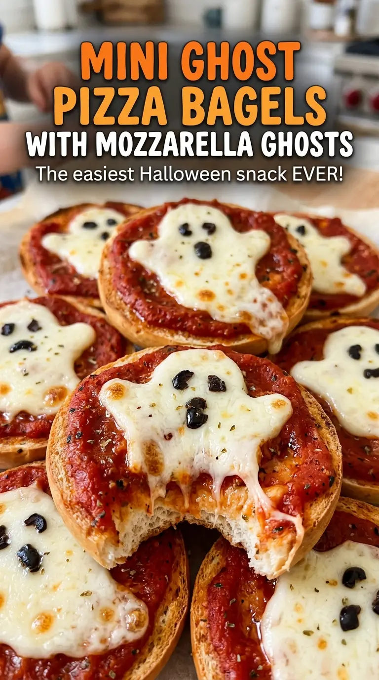 Mini Ghost Pizza Bagels with Mozzarella Ghosts, cheesy faces