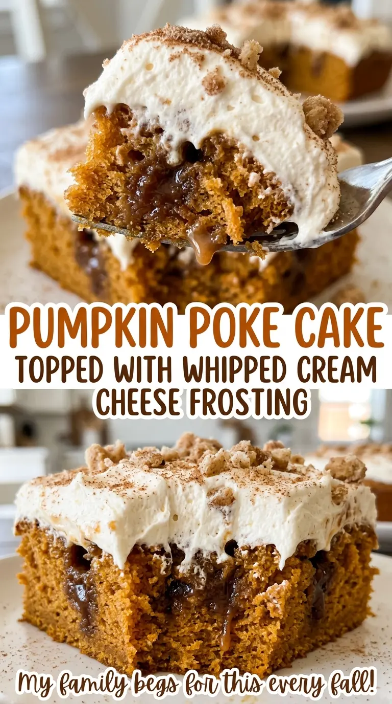 Pumpkin poke cake with spiced crumb and fluffy frosting
