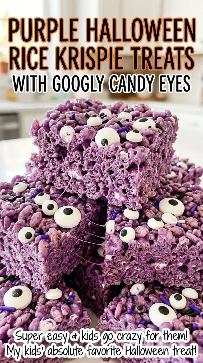 Purple Halloween Rice Krispie Treats with Googly Candy Eyes, crisp and colorful