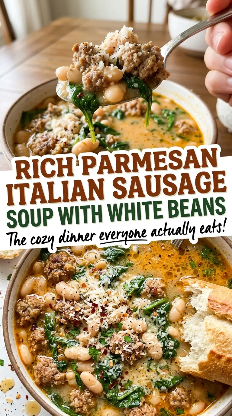Rich Parmesan Italian Sausage Soup with White Beans, savory and creamy