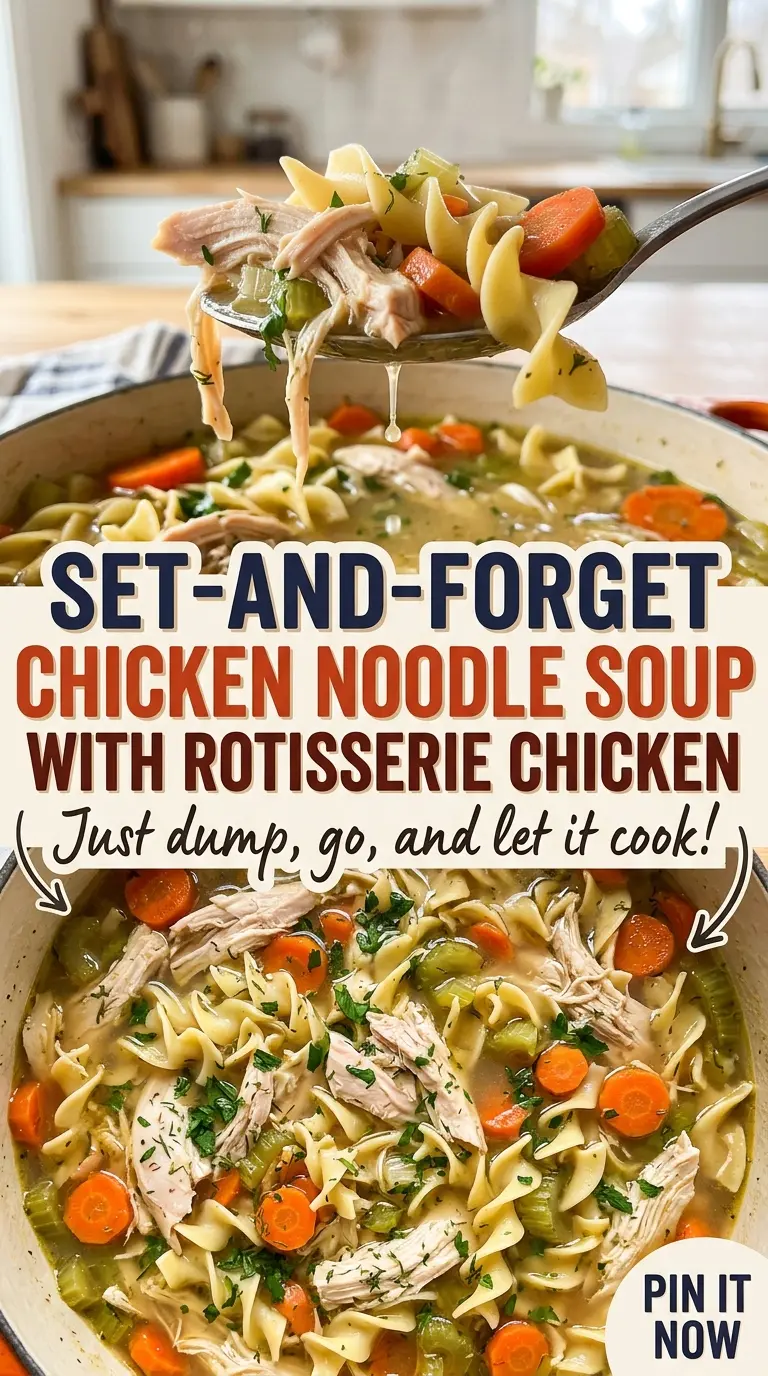 Set-and-Forget Chicken Noodle Soup with Rotisserie Chicken, hearty and comforting
