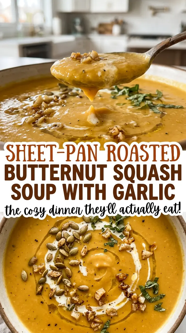 Sheet-pan roasted butternut squash soup with garlic, smooth rich texture