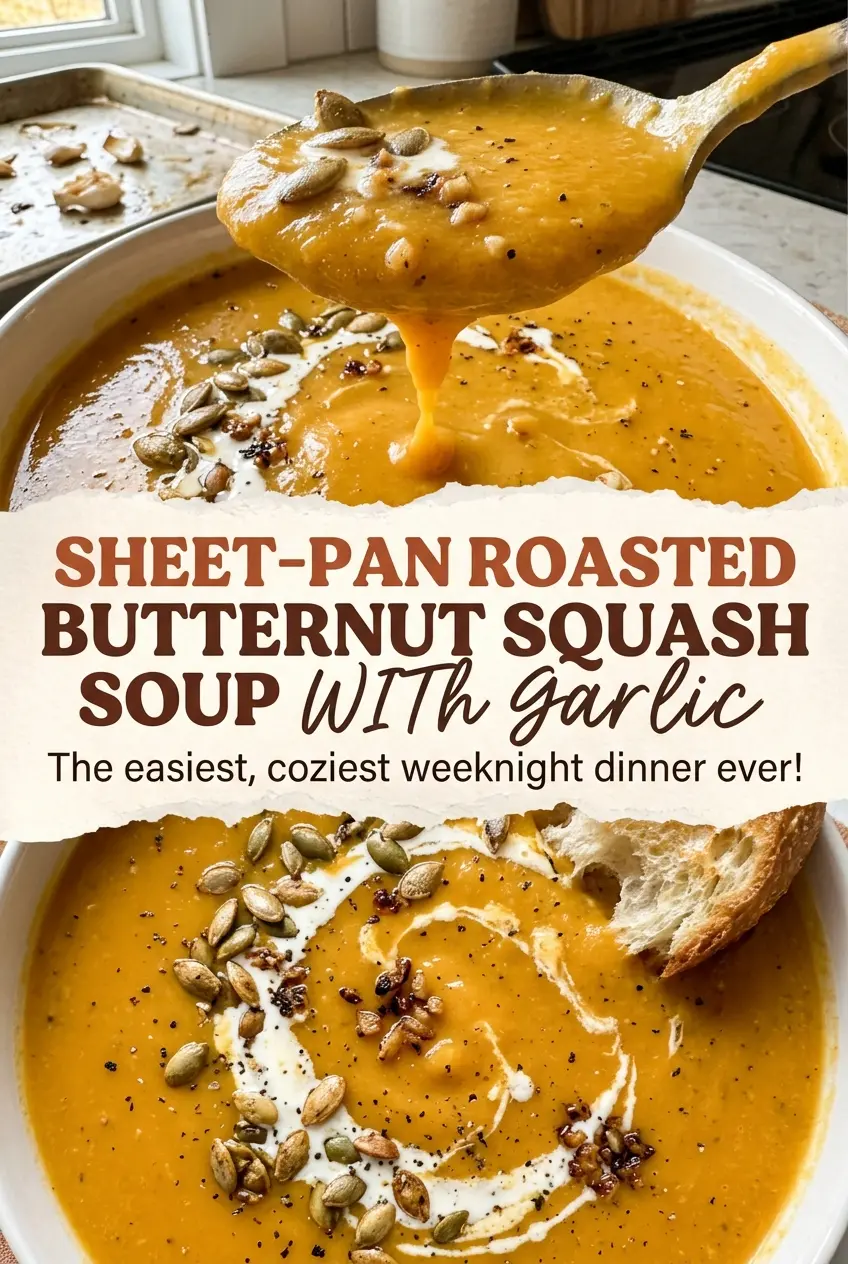 Sheet-pan roasted butternut squash soup with garlic, creamy golden bowl