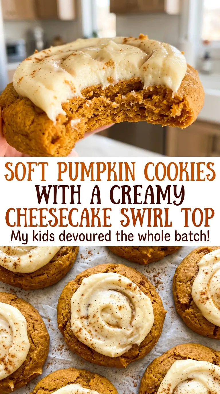 Soft pumpkin cookies with a creamy cheesecake swirl top, golden swirled tops