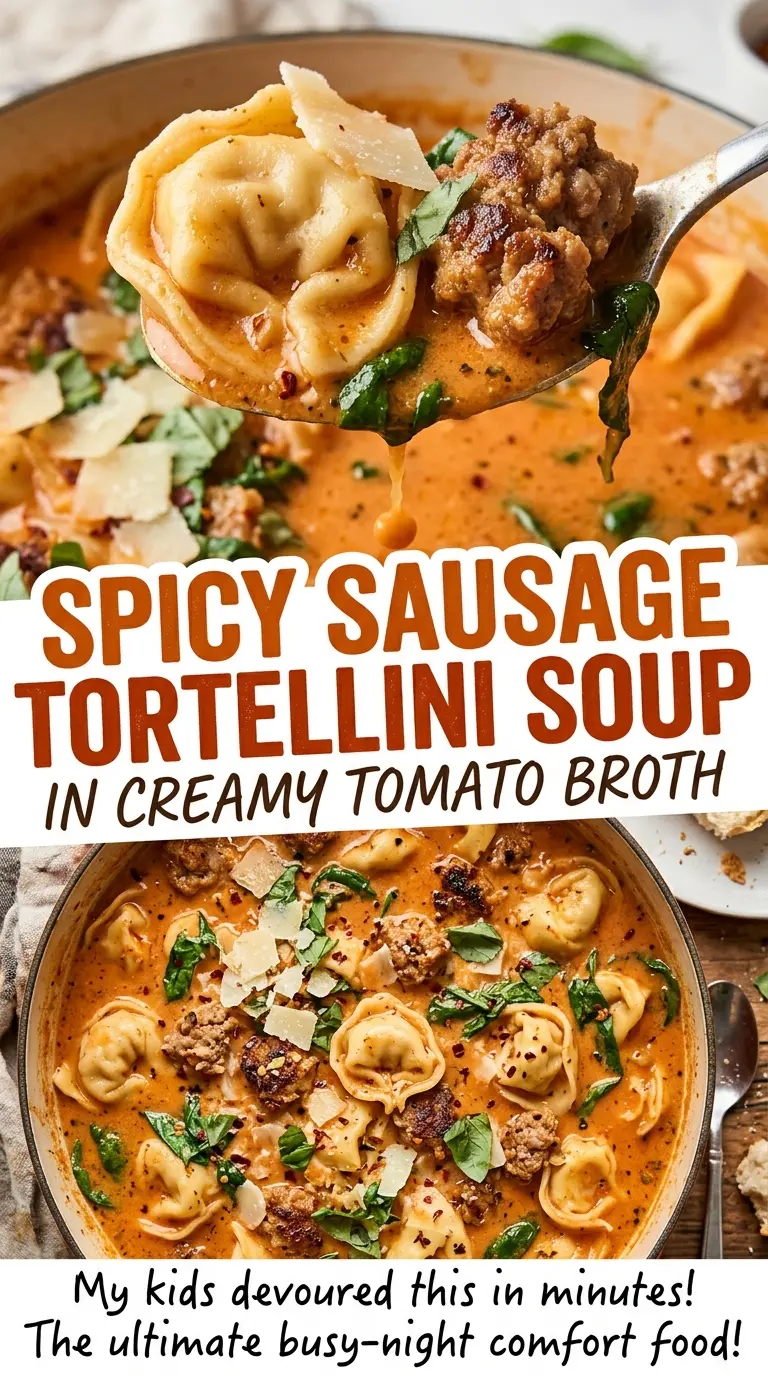 Spicy Sausage Tortellini Soup, rich tomato broth and tender tortellini