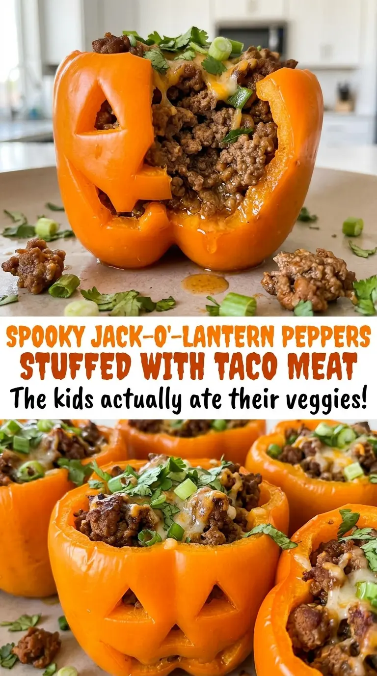 Spooky Jack-O'-Lantern Peppers Stuffed with Taco Meat, colorful and cheesy