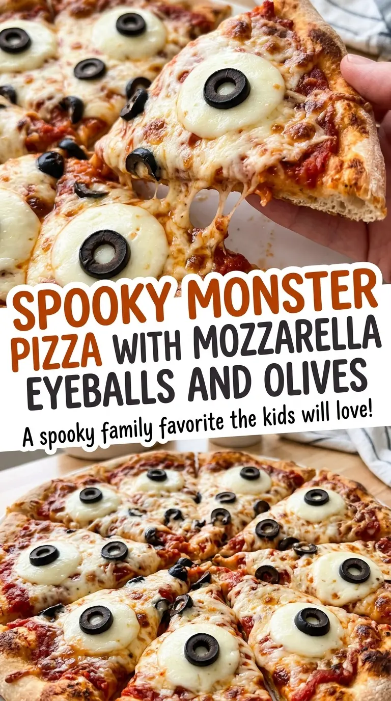 Spooky Monster Eye Pizza with Mozzarella Eyeballs and Olives, cheesy and playful