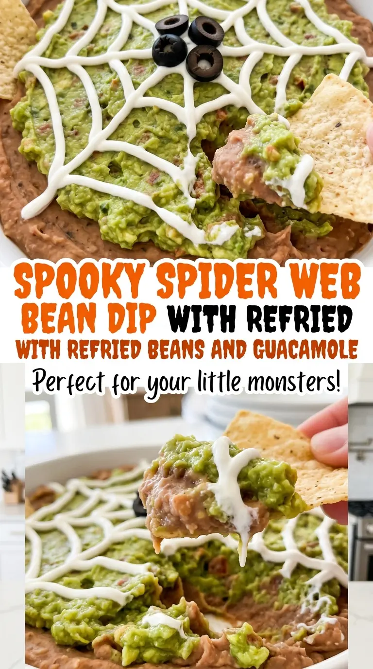 Spooky Spider Web Bean Dip with Refried Beans and Guacamole, creamy layered Halloween dip