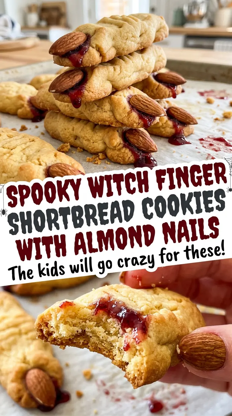 Spooky witch finger shortbread cookies with almond nails, golden edges and raspberry jam