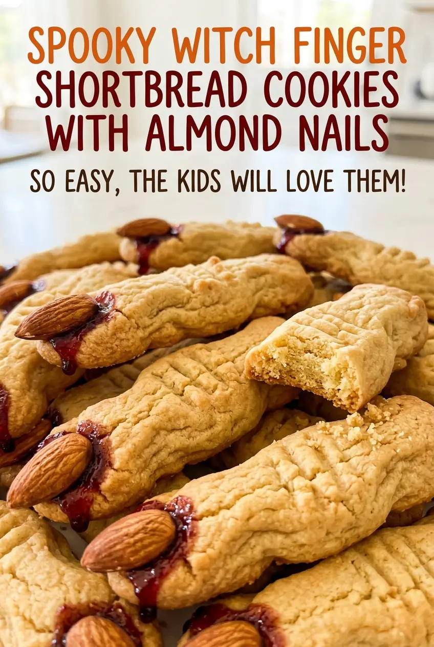 Spooky witch finger shortbread cookies with almond nails, golden edges and raspberry jam