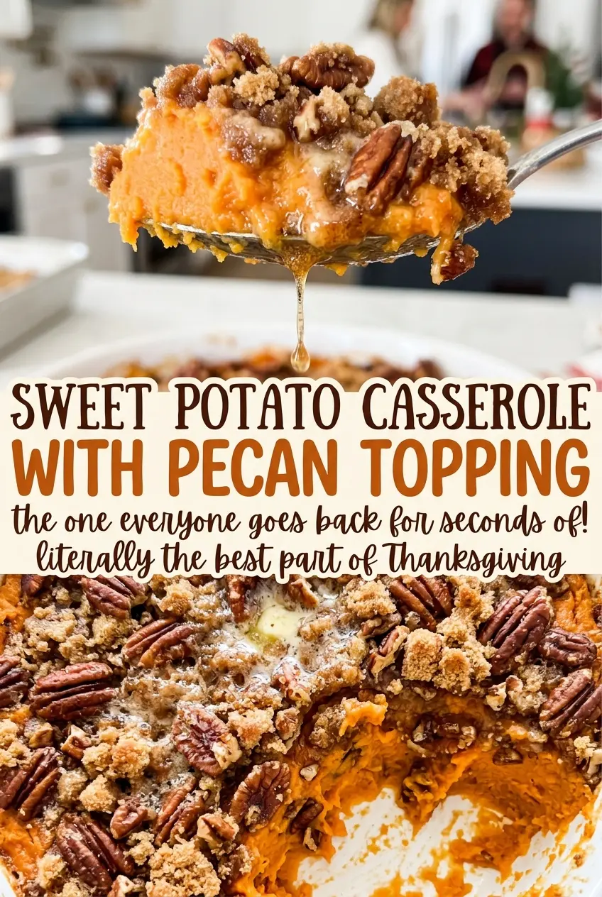 Sweet Potato Casserole with Pecan Topping golden crumbly top