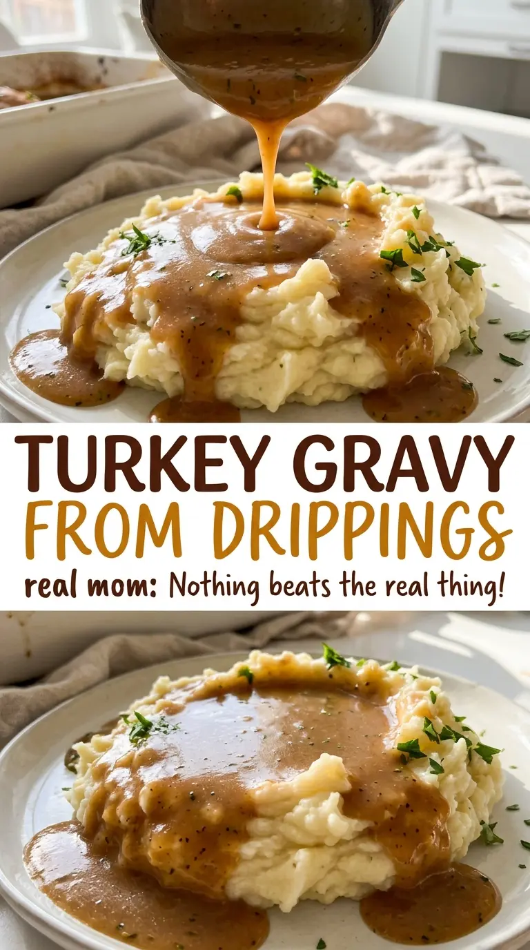 Turkey gravy from drippings, glossy spoon-coating