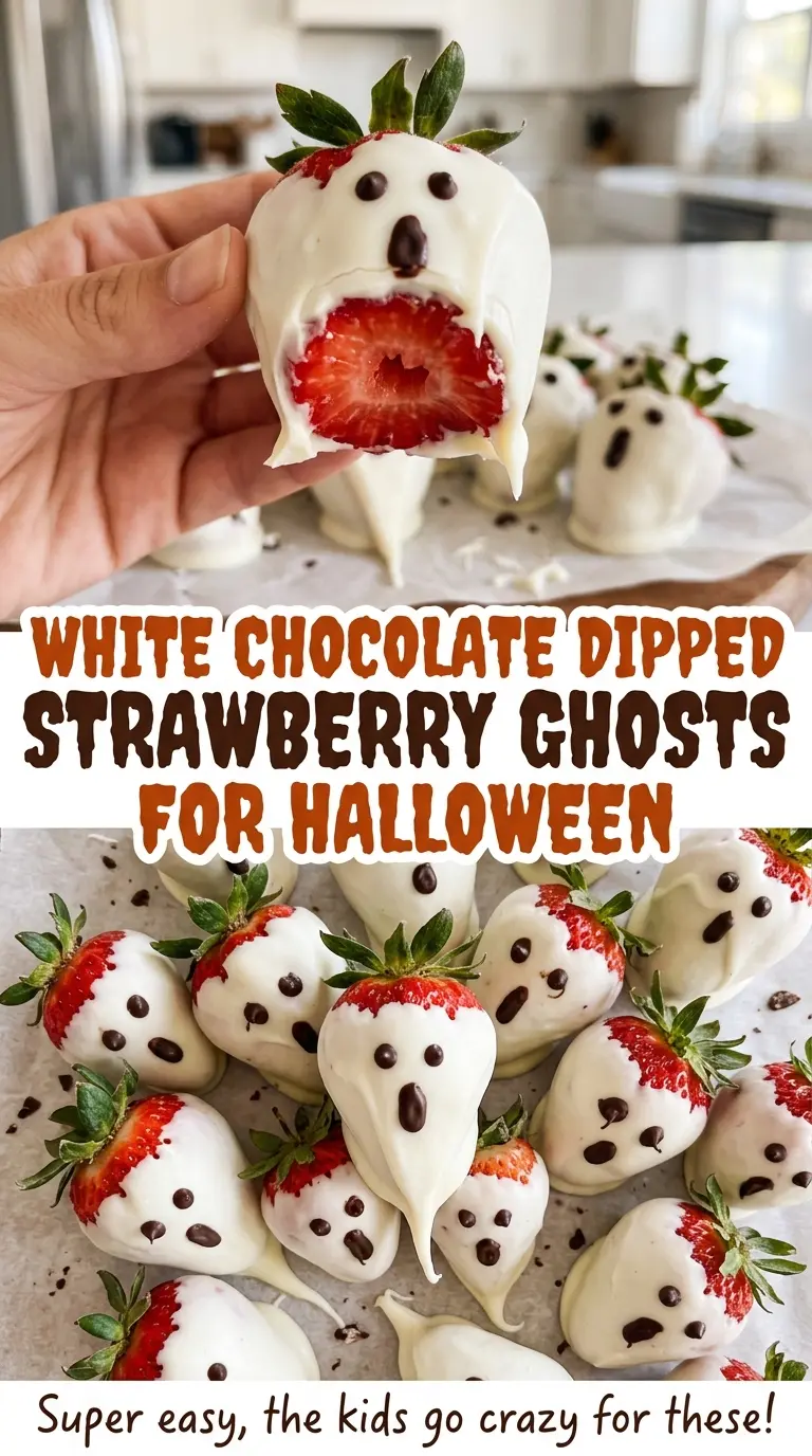 White Chocolate Dipped Strawberry Ghosts for Halloween, sweet berry treats